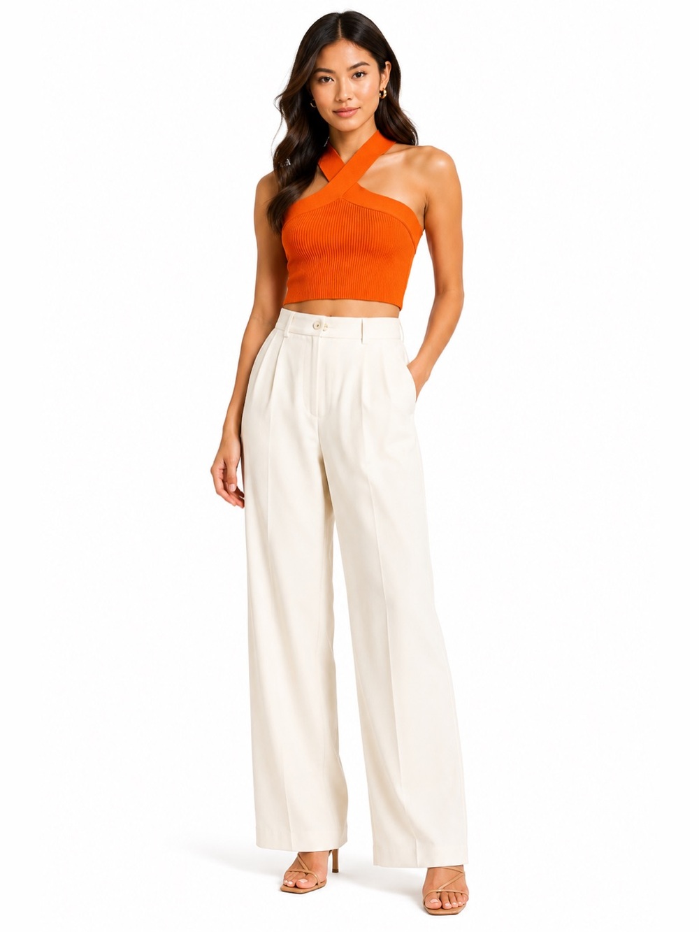 Babaton Aritzia Orange Ribbed Cross Halter Crop Top Small‎ 77075